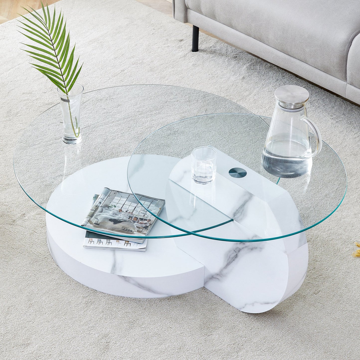 Sudica Modern Coffee Table with Double-layer Round Glass Tabletop,31 inch Tea Table with White Marble Patterned Base,Center Table for Living Room