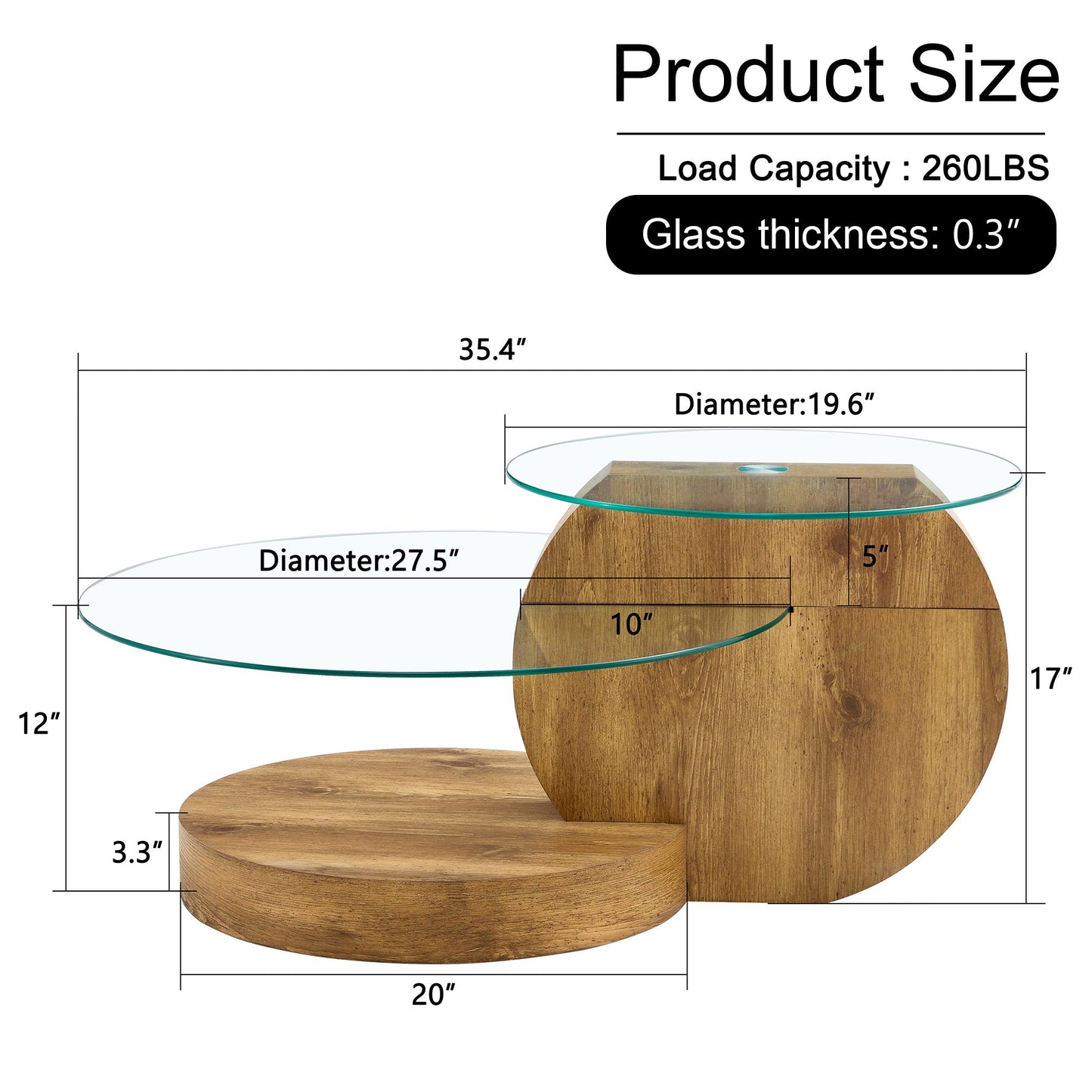 Sudica Modern Coffee Table with Double-layer Round Glass Tabletop,27 inch Tea Table with Dark Wood Grain Base,Center Table for Living Room
