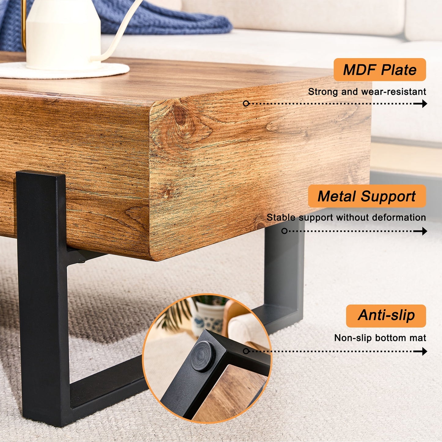 Sudica Wood Coffee Table with Metal Legs 47" Rustic Industrial Cocktail Table for Living Room