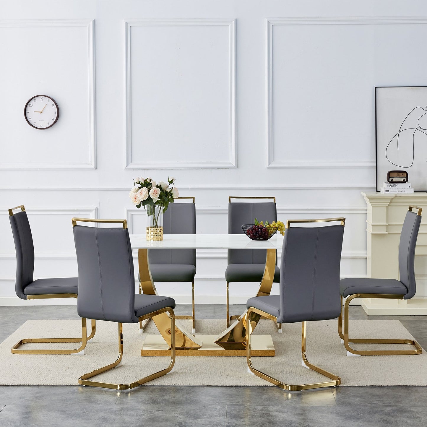 Dining Table Set for 6, Sudica Rectangular Faux Marble Kitchen Table with 4 Leather Gold Legs Dining Chairs,Dark Gray