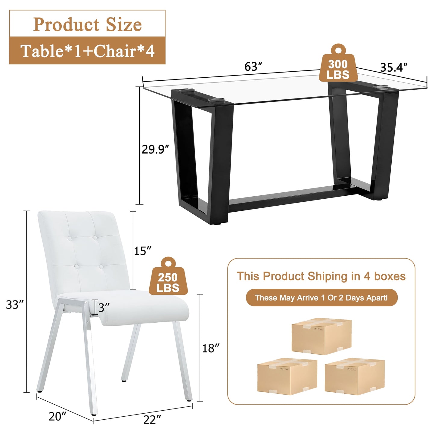 63" Glass Dining Table Set for 4, Sudica Black Legs Kitchen Table Set with Upholstered Faux Leather Dining Room Chairs, White