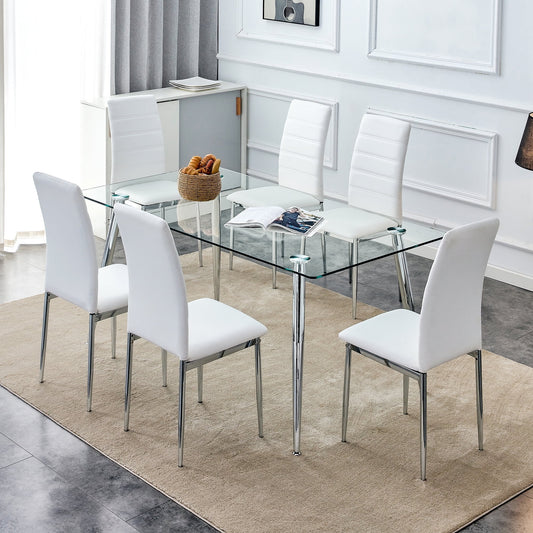 63" Dining Table Set, Sudica Kitchen Table and 6 White PU Leather Dining Room Chairs