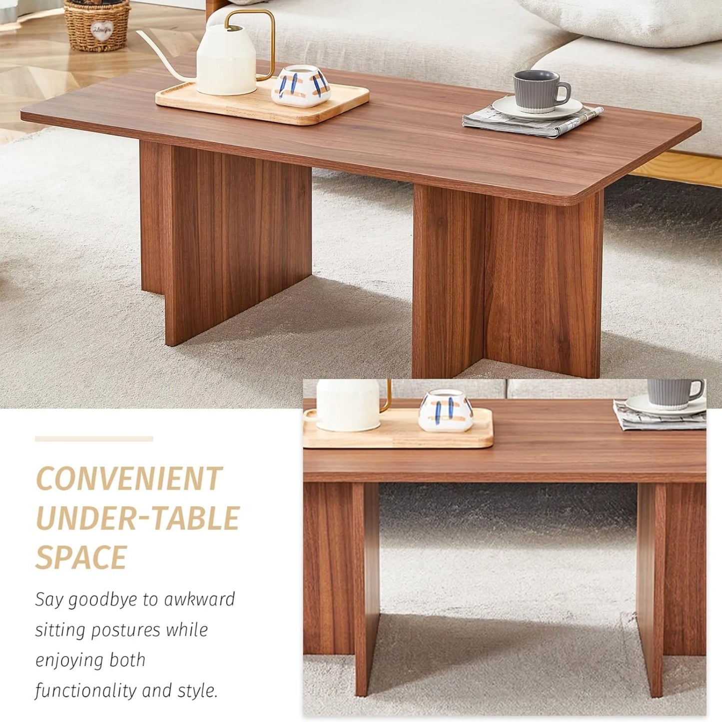 Sudica 44.8” Walnut Color Rectangle MDF Coffee Table,Wood Coffee Table with Stable Triangular Support for Living Room/Bedroom
