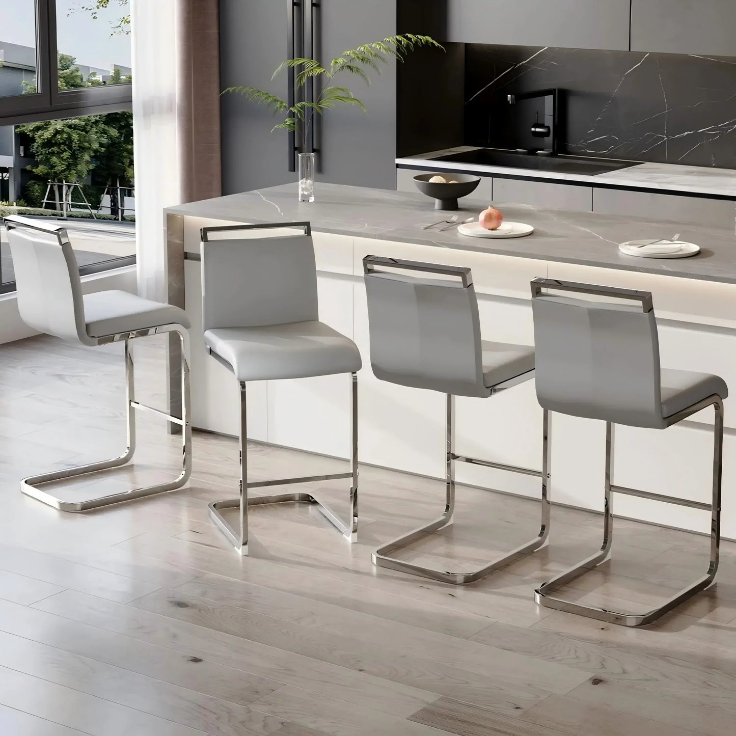 SUDICA Adult Bar Stools - Set of 4, Modern PU Leather and Upholstered with Metal Legs, Gray