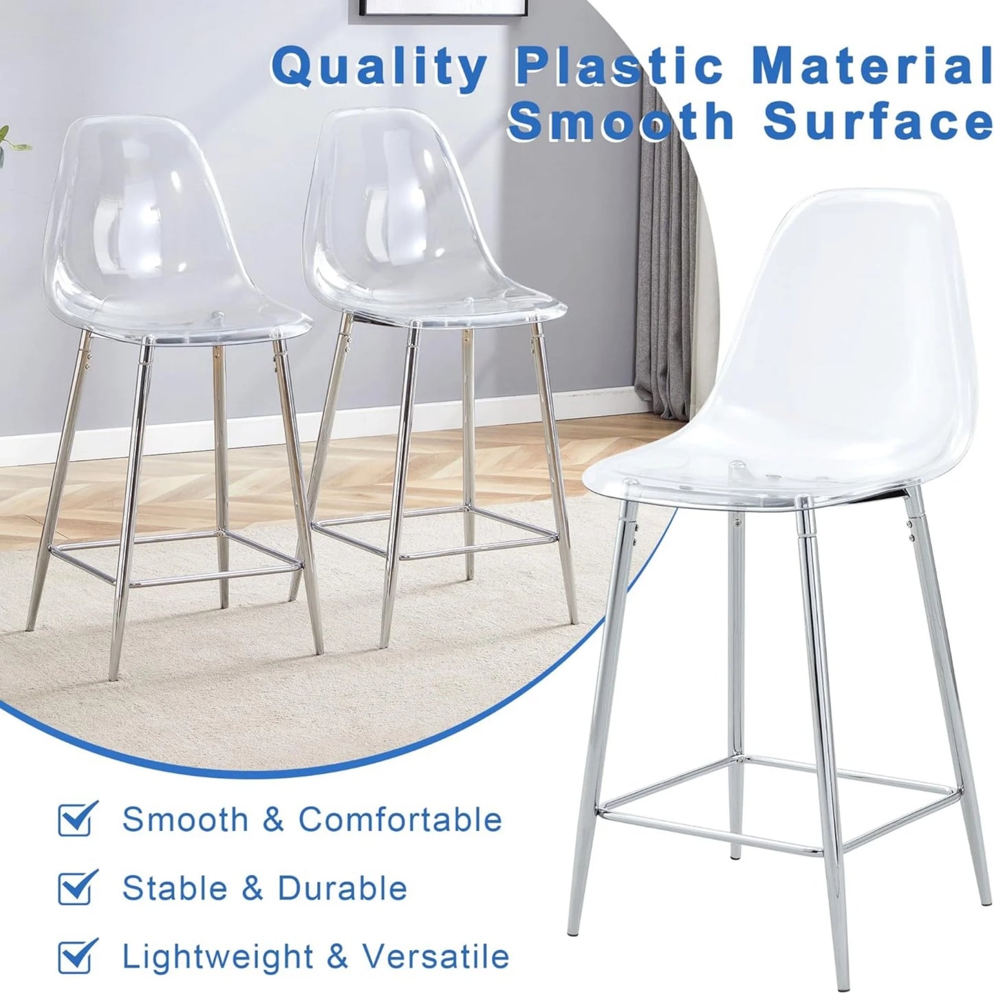 SUDICA Counter Height Bar Stools Set of 4, Clear PET Seats, Silver Metal Legs