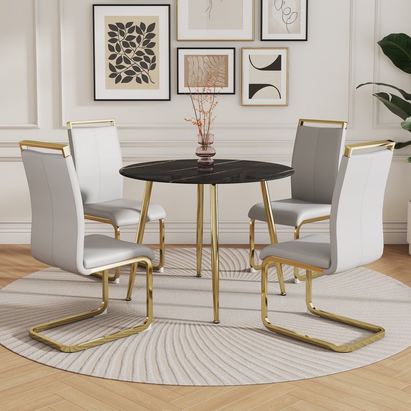 Black Marble Round Table Set for 4, 40 inch Black Dining Table with Gold Legs and Padded Dining Chairs for Meeting Room, Kitchen, Light Grey
