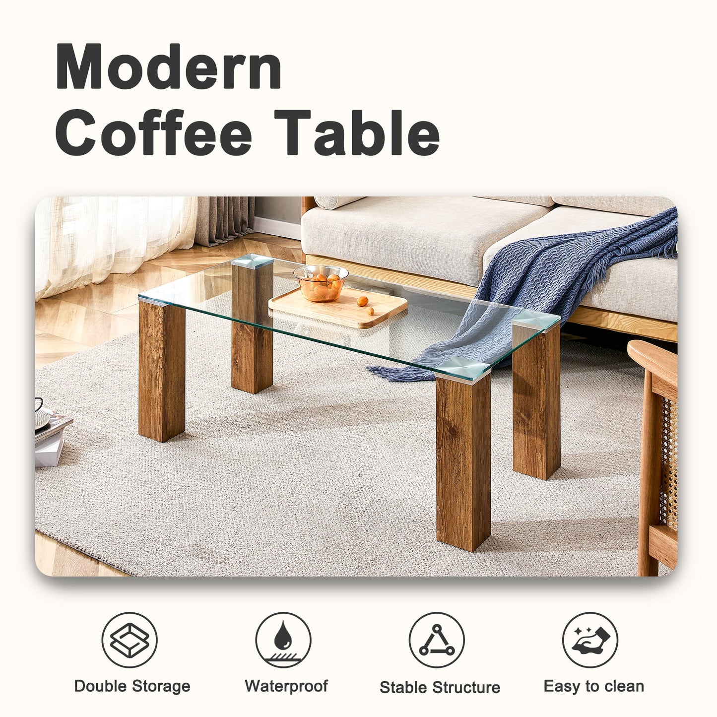 Sudica Glass Coffee Table,45 inch Modern Rectangular Center Table with Thick Wood Legs for Living Room