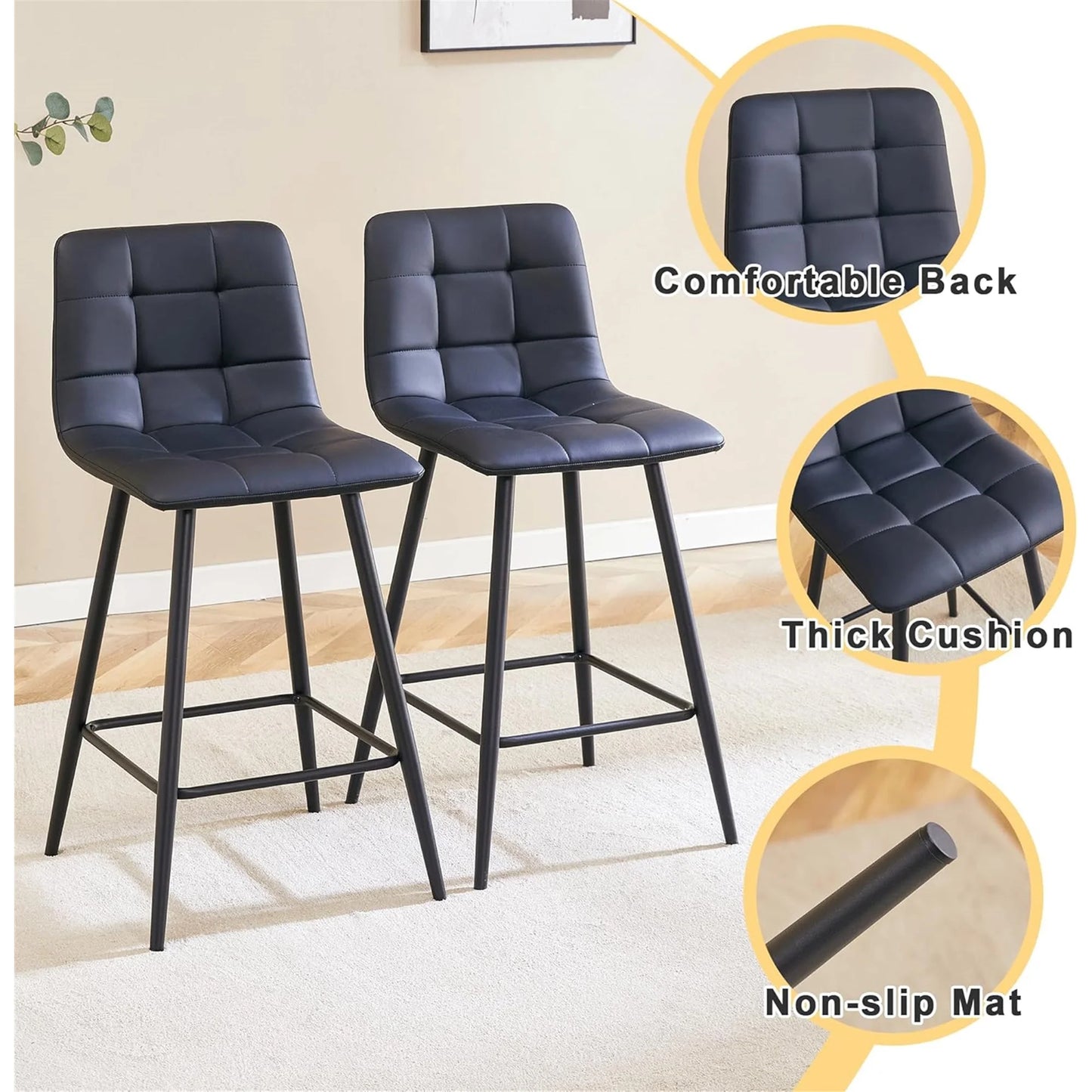 SUDICA 24.4" Counter Height Bar Stools, Black PU Leather, Metal Legs, Set of 2