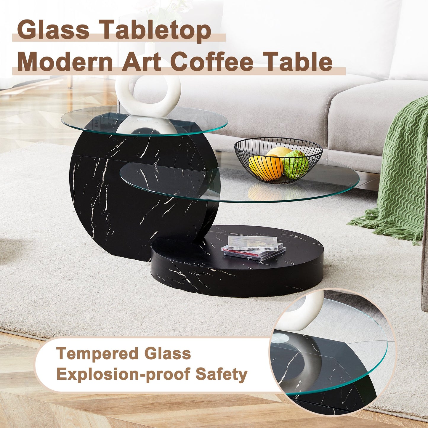 Sudica Modern Coffee Table with Double-layer Round Glass Tabletop,31 inch Tea Table with Black Marble Patterned Base,Center Table for Living Room