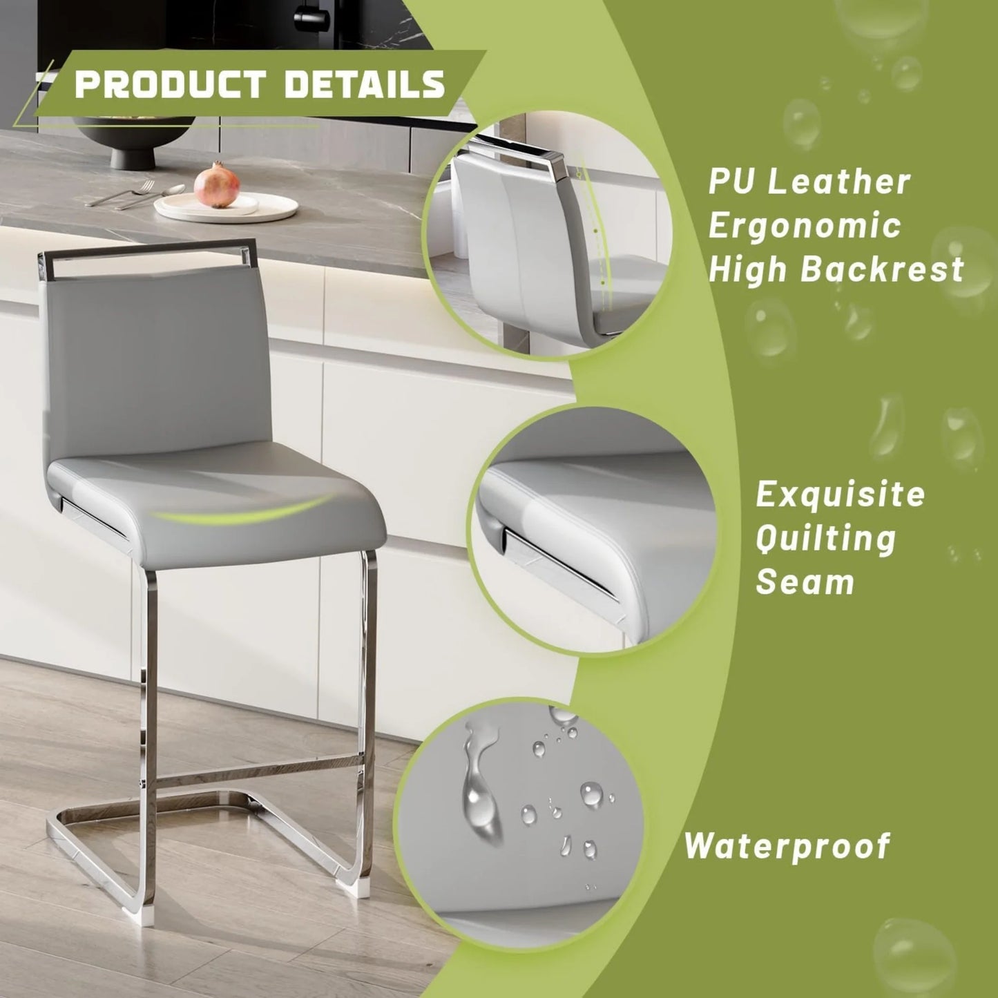SUDICA Adult Bar Stools - Set of 4, Modern PU Leather and Upholstered with Metal Legs, Gray