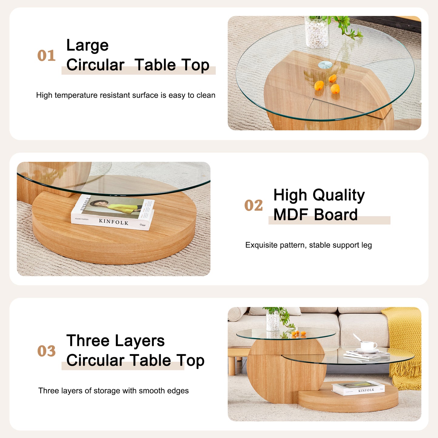 Sudica Modern Coffee Table with Double-layer Round Glass Tabletop,31 inch Tea Table with Light Wood Grain Base,Center Table for Living Room