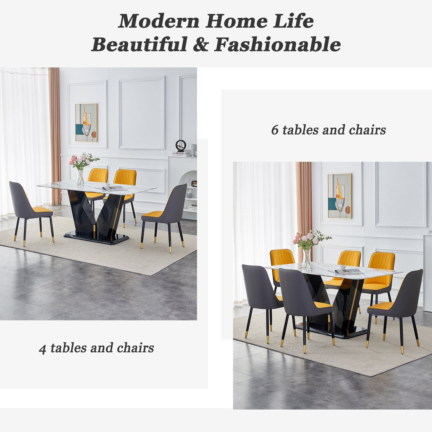 Sudica 63" Dining Table Set 7-Piece Marble Rectangular Kitchen Table & 6 Faux Leather Padded Dining Chair Set, Yellow