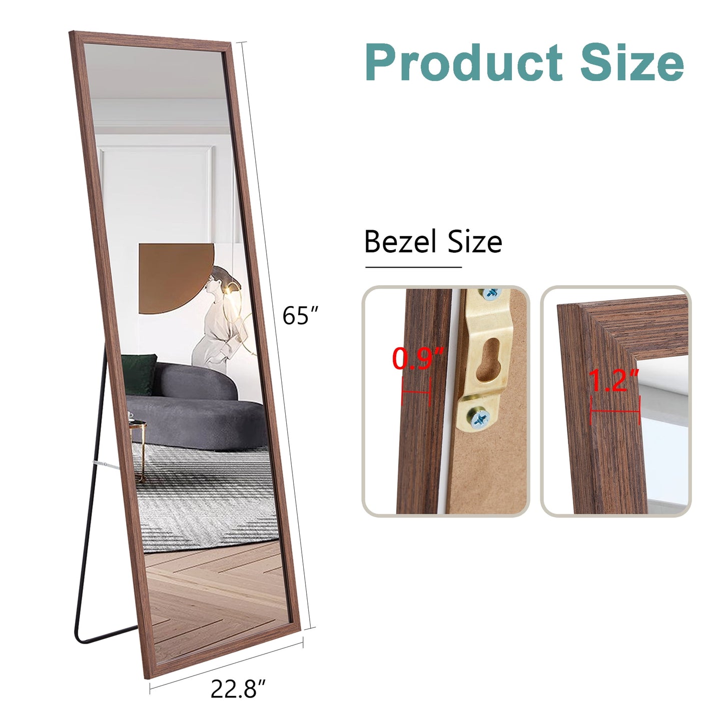 Wood Floor Mirror, 65"x 23 inch Sudica Thick Wooden Frame Full Body Mirror with Stand, Wall Mirror for Living Room, Brown