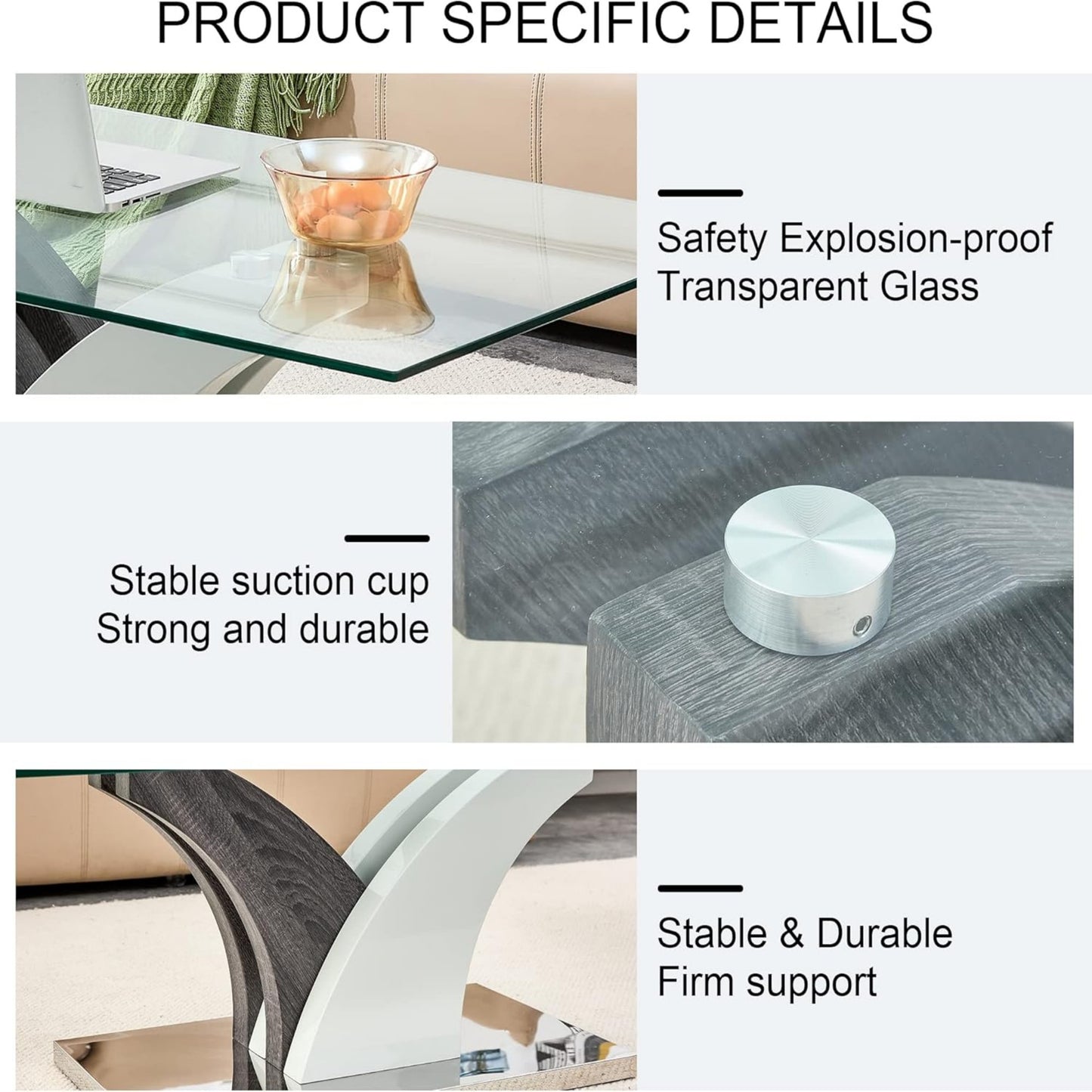 SUDICA Glass Coffee Table, 47" Tempered Clear Top, Modern MDF Base, for Living Room