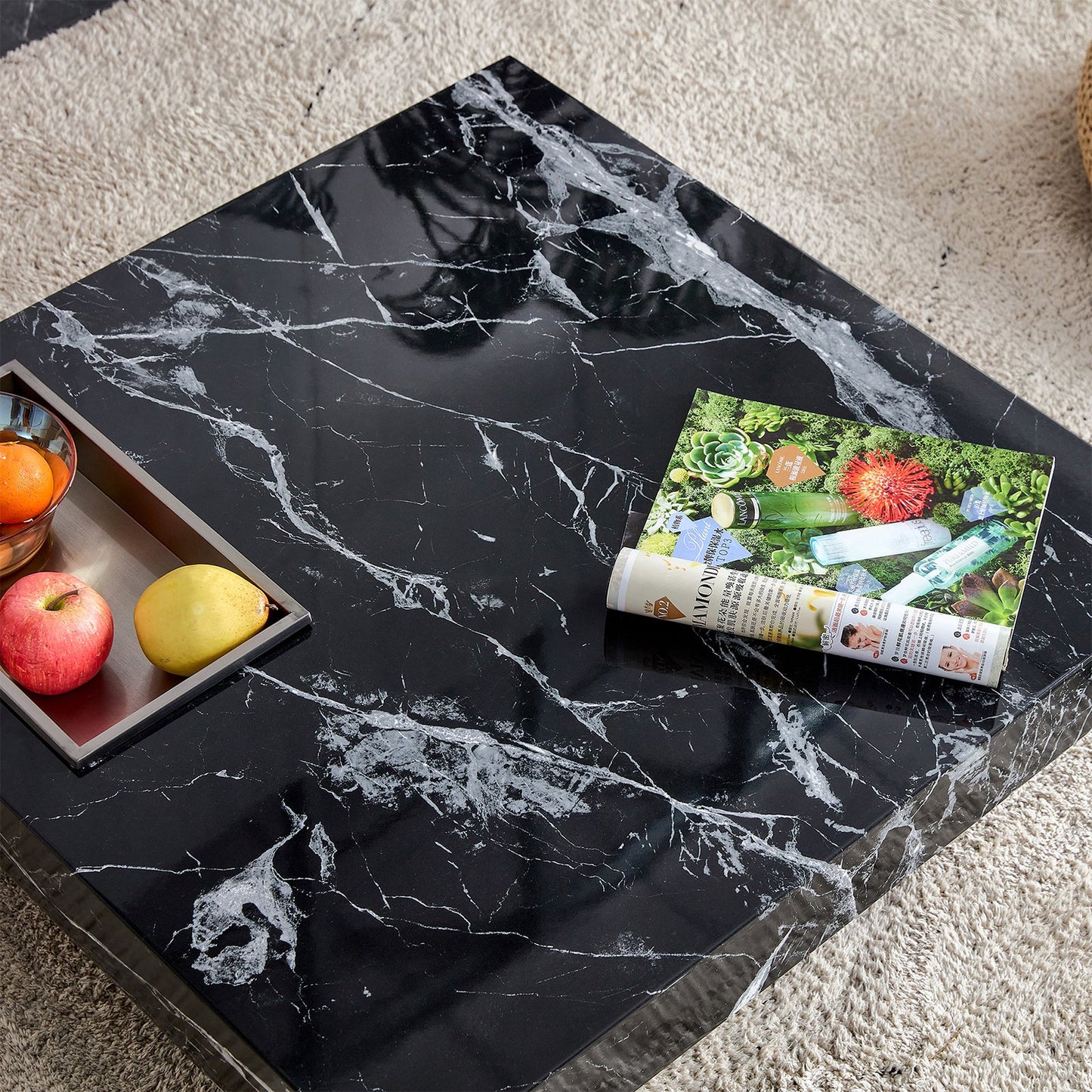 Compact Marble Coffee Table, Sudica 31 inch Square Center Table with Stainless Steel Storage for Living Room,Black