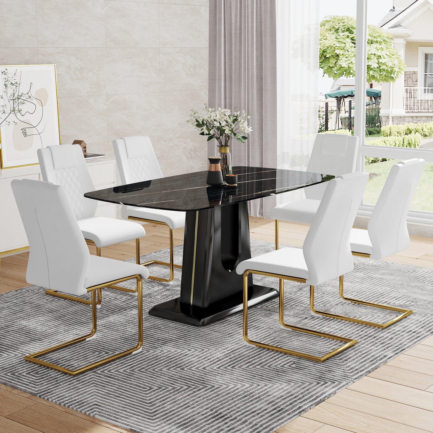 63" Dining Table Set for 6, Marble Rectangle Kitchen Table with PU Leather Upholstered Dining Chairs Set of 6, Dinner Table Set for Dining Room