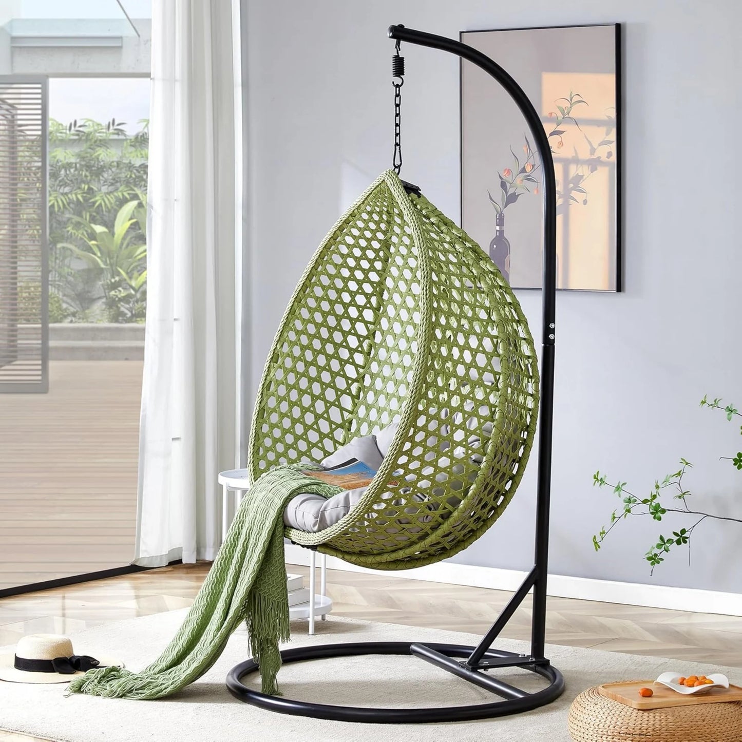 Hanging Egg Chair with Stand,Sudica Patio Soft Cushion Rattan Wicker Egg Swing Chair for Outdoor and Indoor, 350lbs Capacity,Green