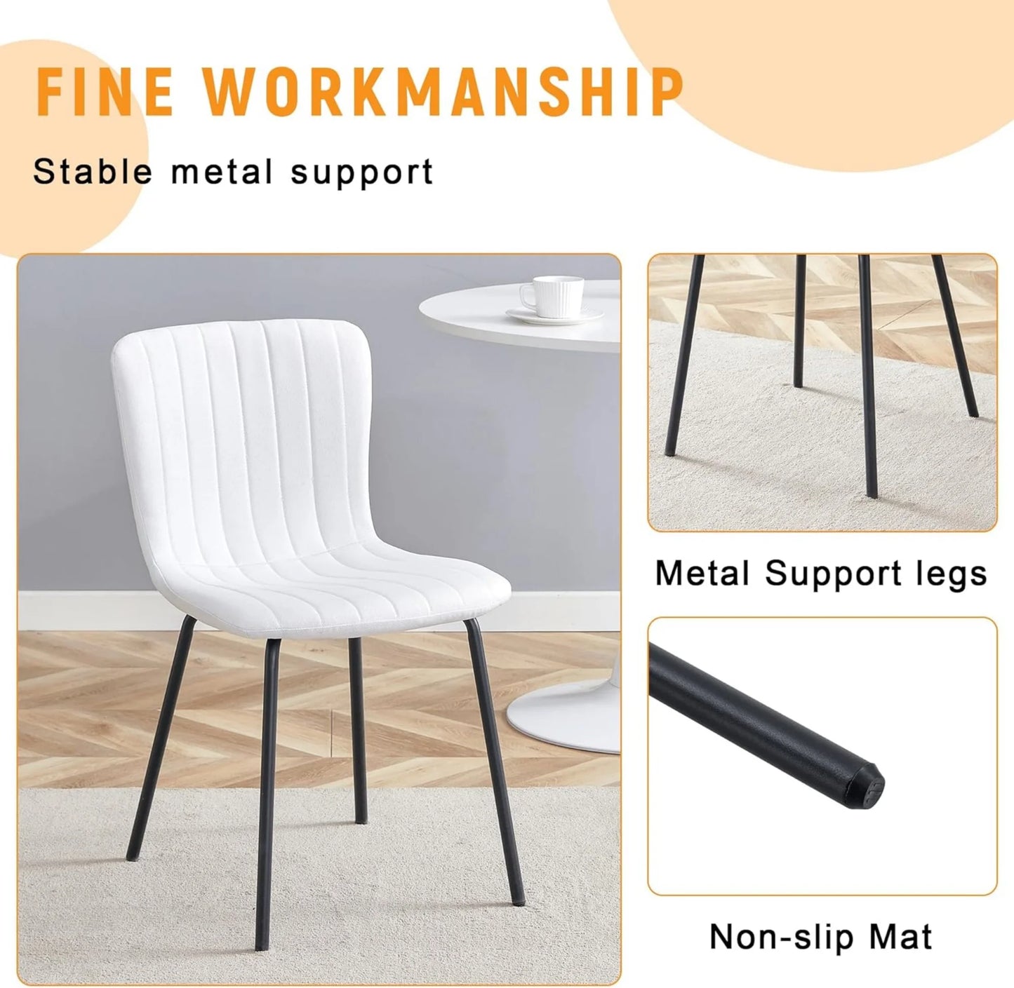 Sudica Dining Chairs Set of 4, Mid-Century Modern Upholstered Retro Linen Chairs with Walnut Bentwood Back and Metal Legs Adjustable Feet for Kitchen Dining Room, White Vertical Stripes Linen