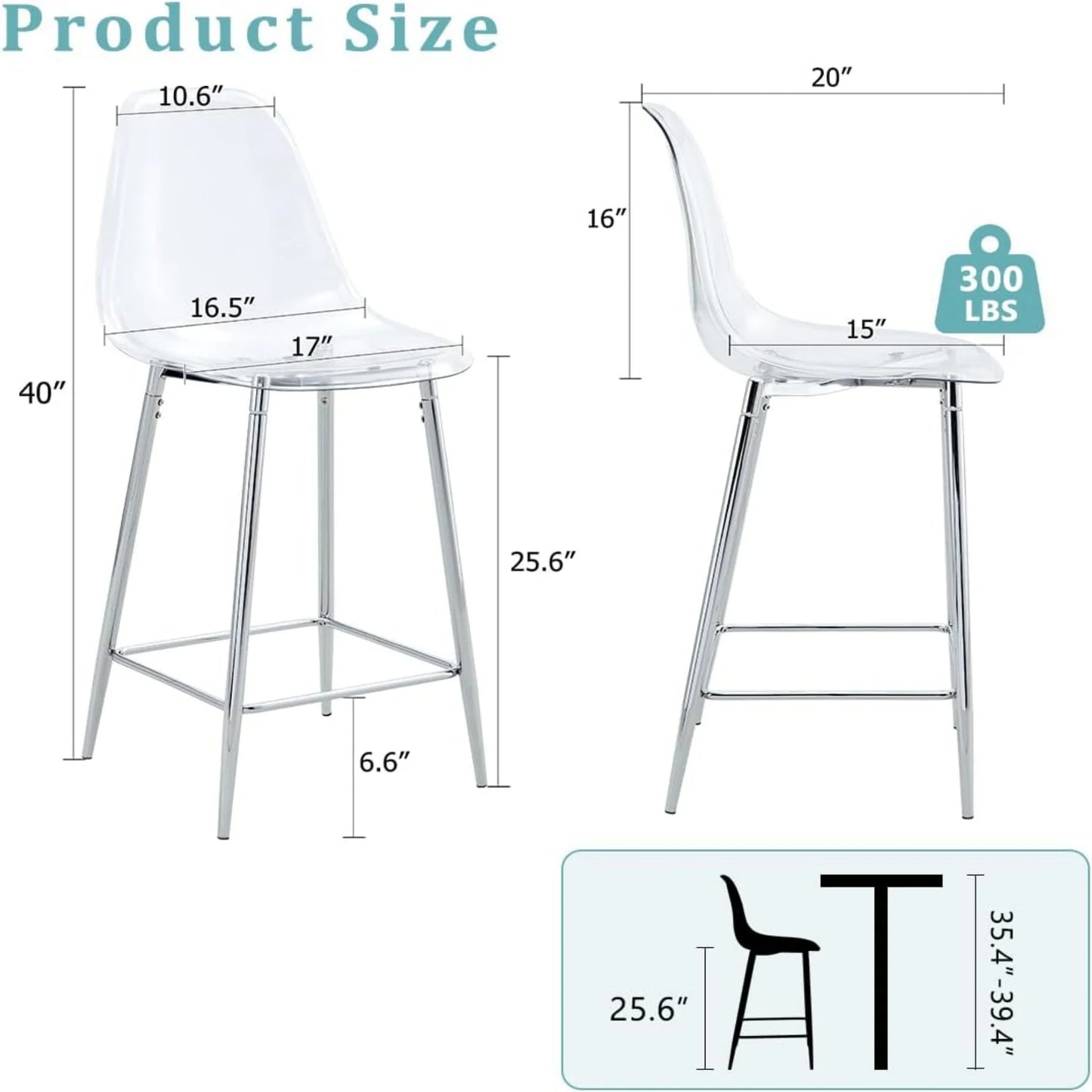 SUDICA Kitchen Island Counter Height Bar Stools Set of 2, Clear PET Seats, Silver Legs