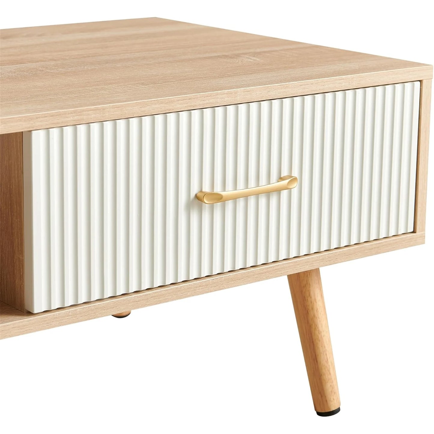 Mid Century Wooden Coffee Table with Stripe Drawer,Modern 41" Large Center Table with Storage,Rectangular Light Wood Coffee Tables for Living Room, 2-Tier Cocktail Table, Solid Wood Legs