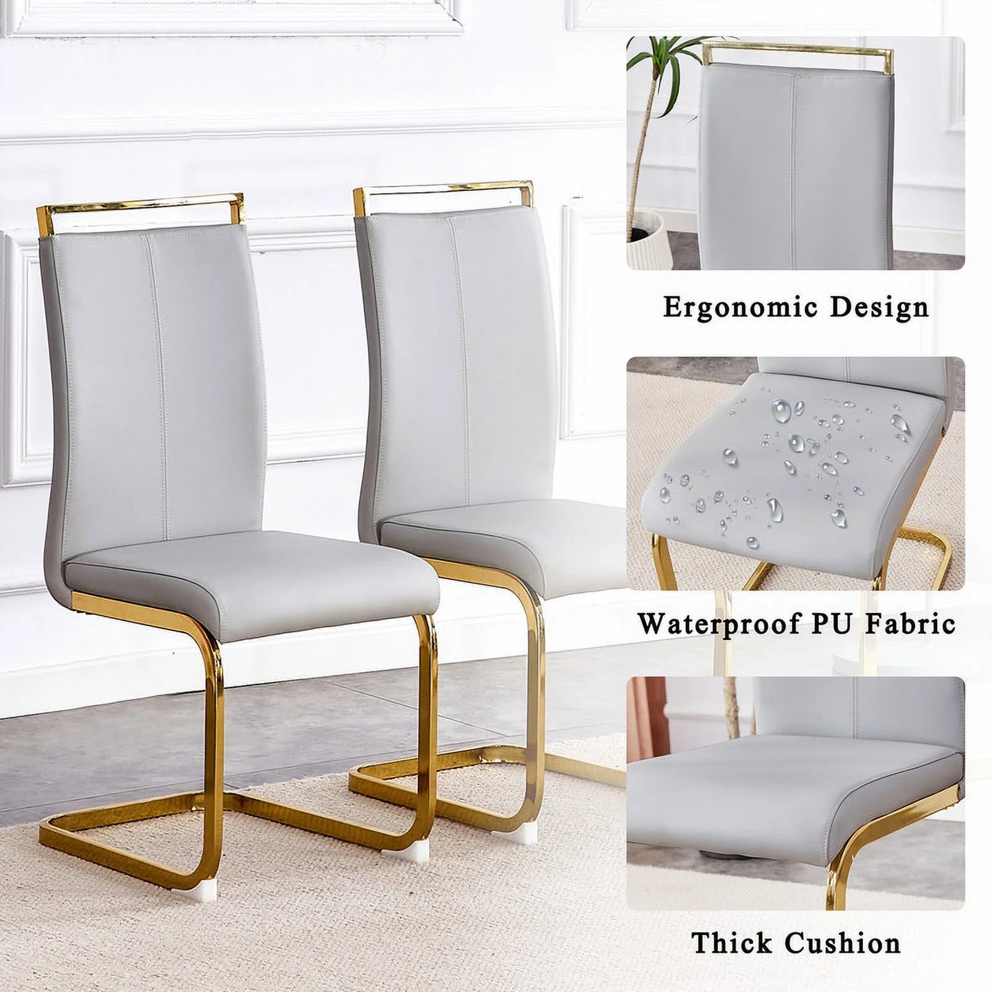 Round Dining Table Set for 4, Sudica 40in Tempered Glass & Light Grey PU Chairs, Gold Legs
