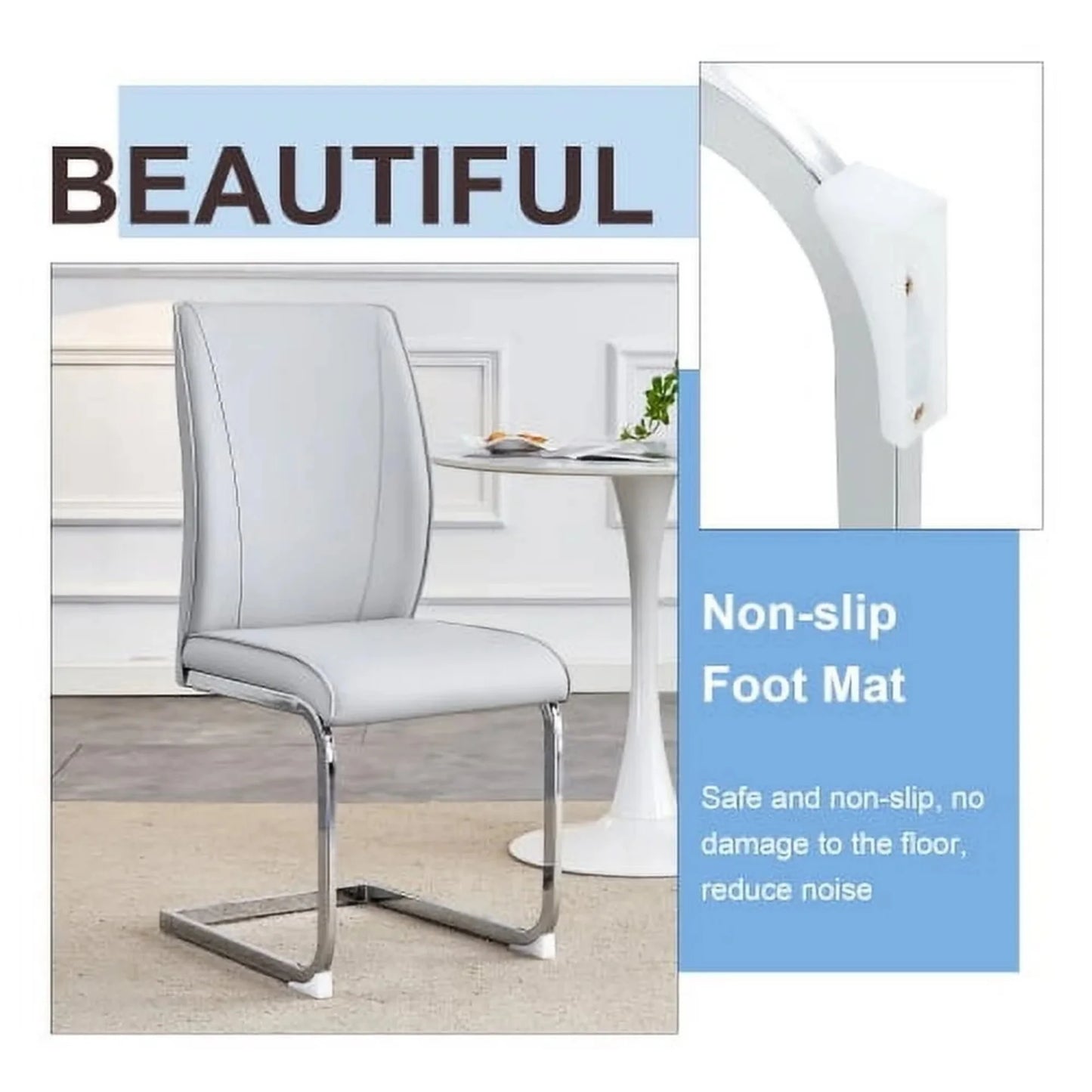 SUDICA Dining Room Chairs, Light Gray Faux Leather High Back, Chrome Legs, Set of 2