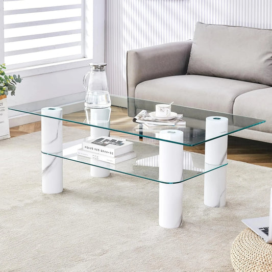Modern Minimalist Double Layered Transparent Tempered Glass Coffee Table,47" Sudica Rectangular Tea Table with White Legs