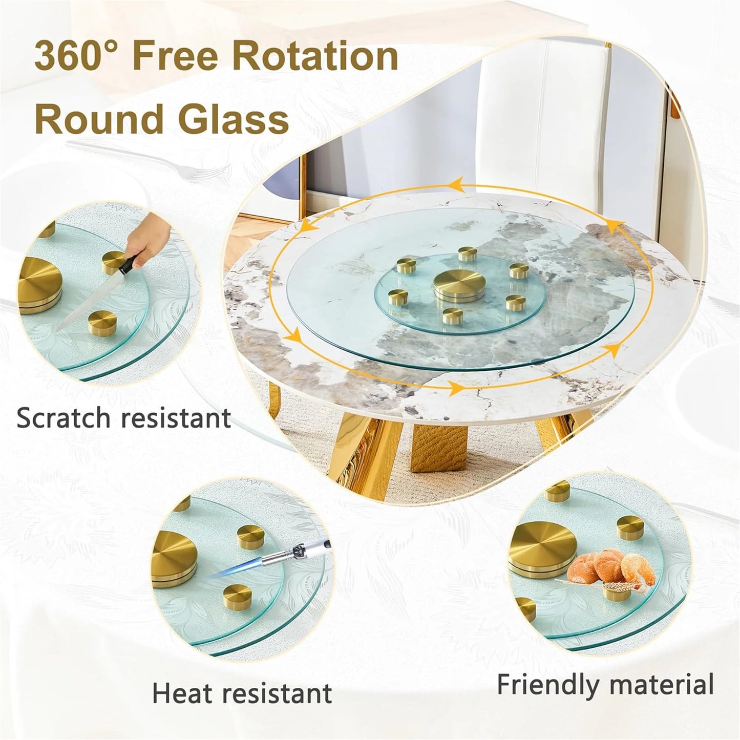 SUDICA 30.3" Transparent Tempered Glass Lazy Susan with Gold Base, Extra Large Rotating Round Dining Turntable