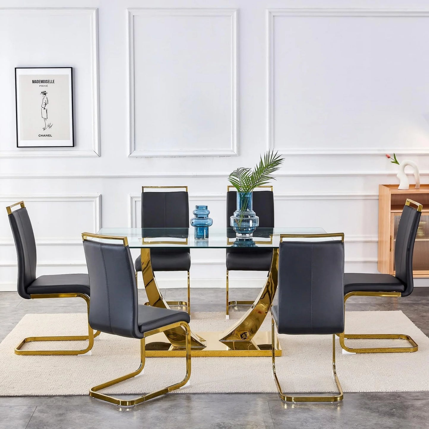 SUDICA Dining Table Set for 6, 63" Glass Top with Black PU Chairs for Dining Room, Gold Base