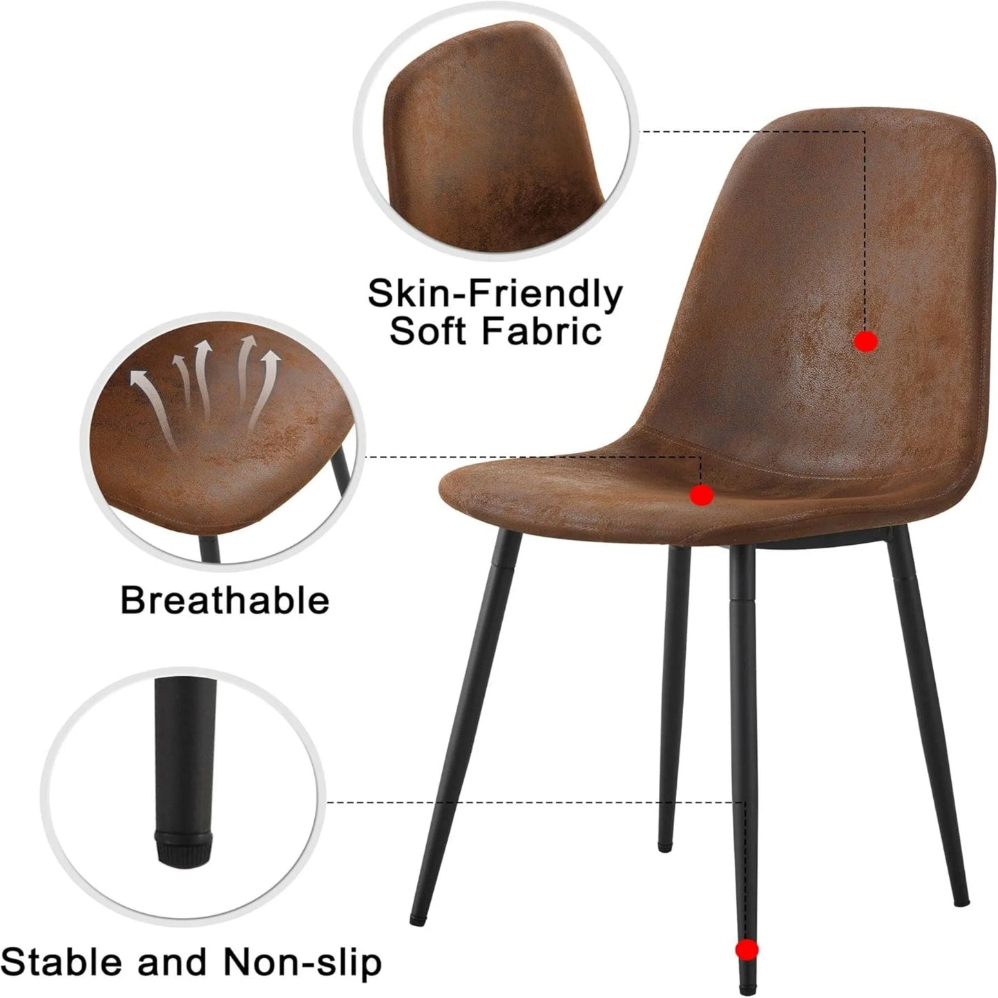 SUDICA Dining Chairs Set of 6, Brown Faux Suede Seat, Metal Legs, for Kitchen or Dining Room