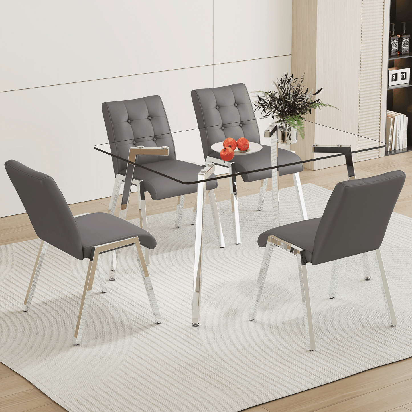 Glass Dining Table Set, Sudica Rectangular Kitchen Table with Upholstered Faux Leather Dining Room Chairs, Gray