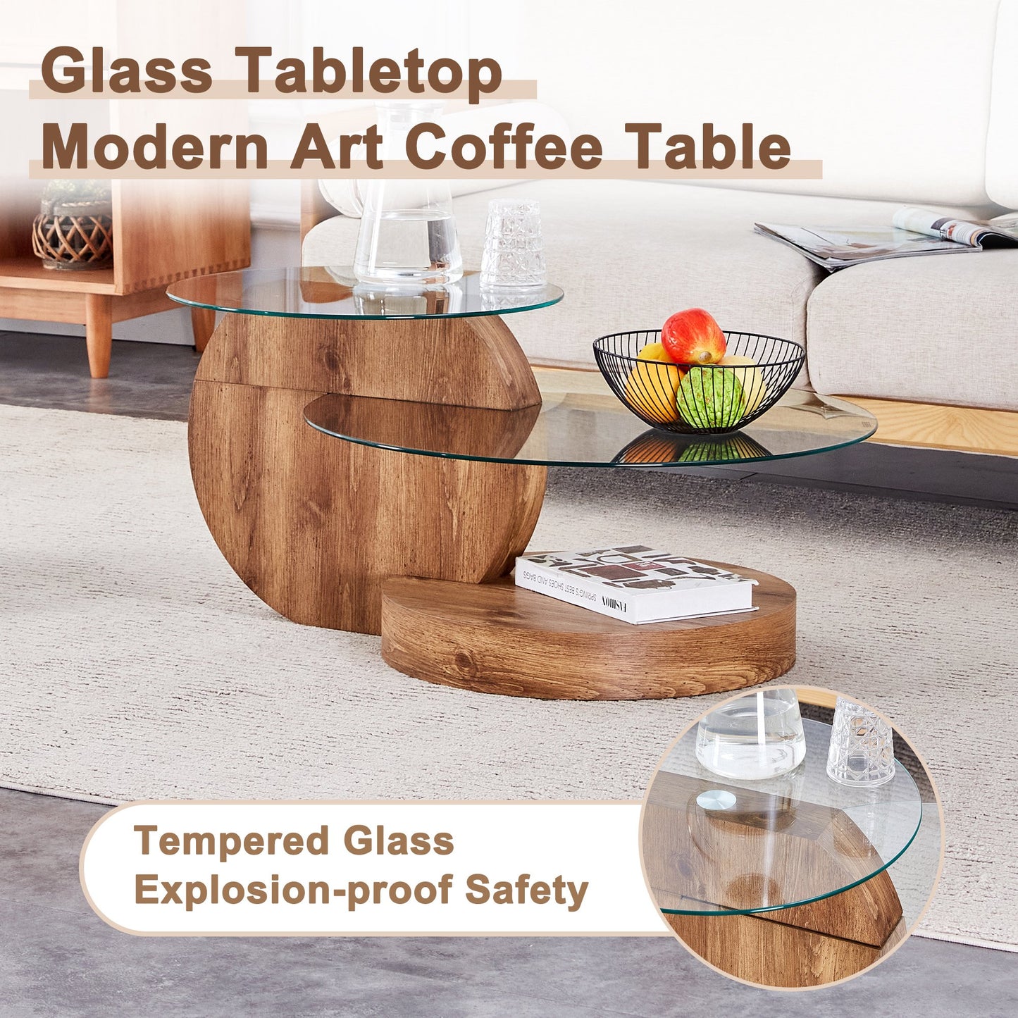 Sudica Modern Coffee Table with Double-layer Round Glass Tabletop,27 inch Tea Table with Dark Wood Grain Base,Center Table for Living Room
