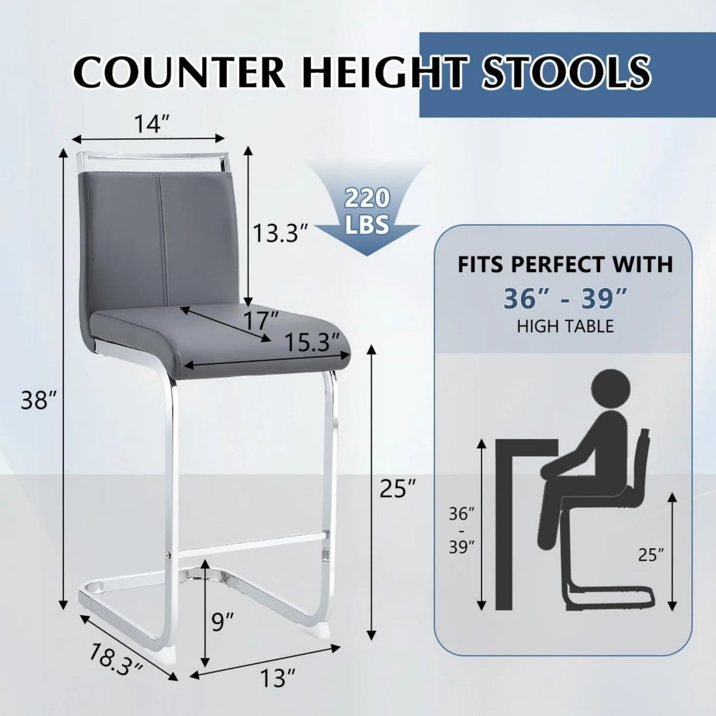 Sudica Counter Height Bar Stools Set of 2,Modern PU Leather Barstools,25 inch Seat Height ,Upholstered with Metal Legs,Dark Gray