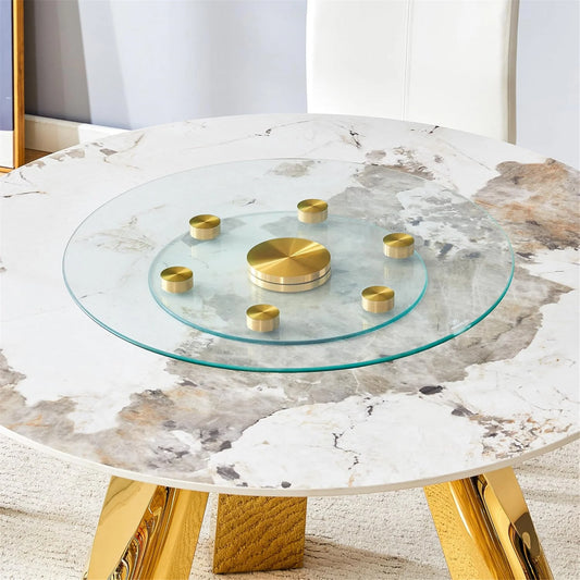 SUDICA 24" Transparent Tempered Glass Lazy Susan Turntable with Gold Base, Large Rotating Dining Table Top
