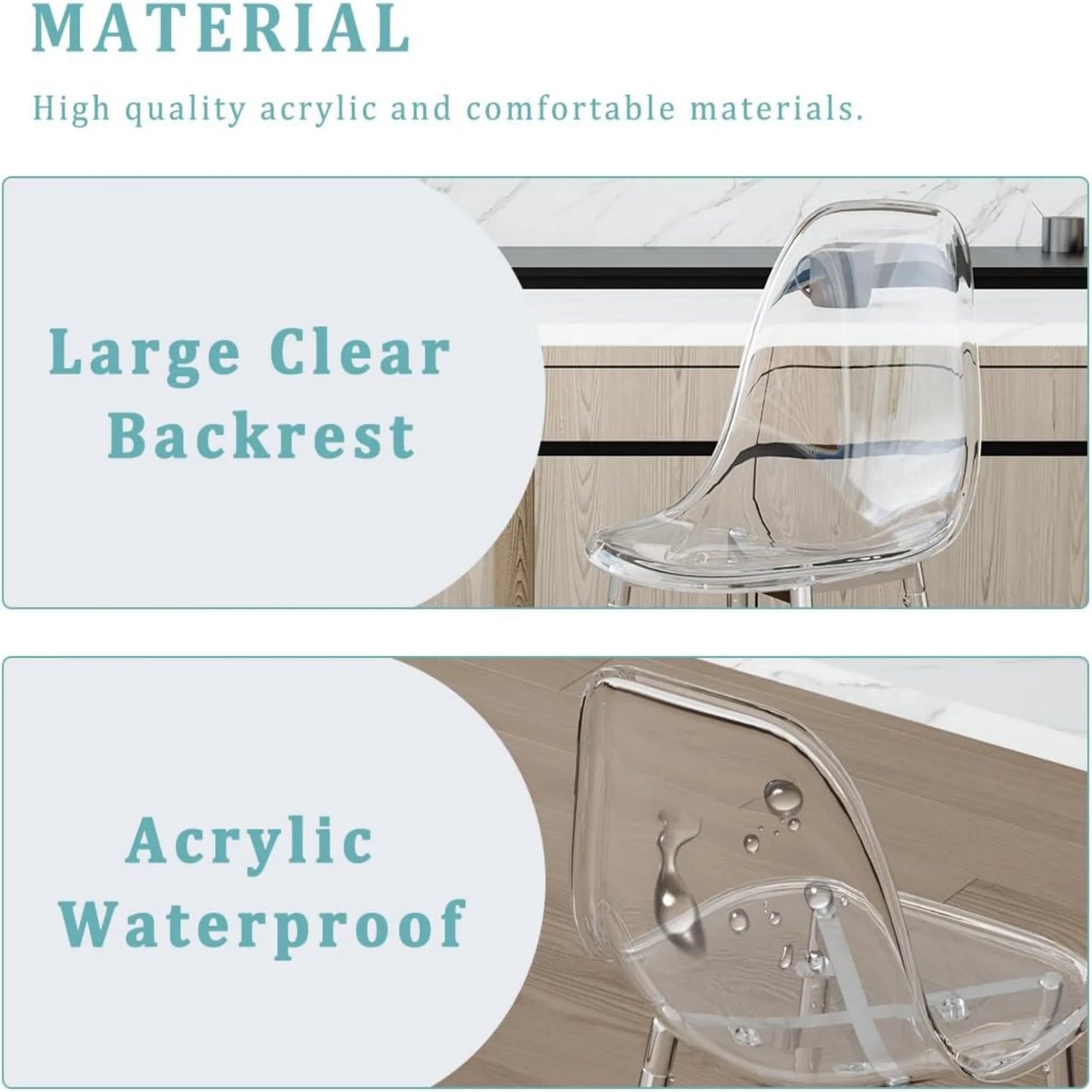 SUDICA Kitchen Island Counter Height Bar Stools Set of 2, Clear PET Seats, Silver Legs