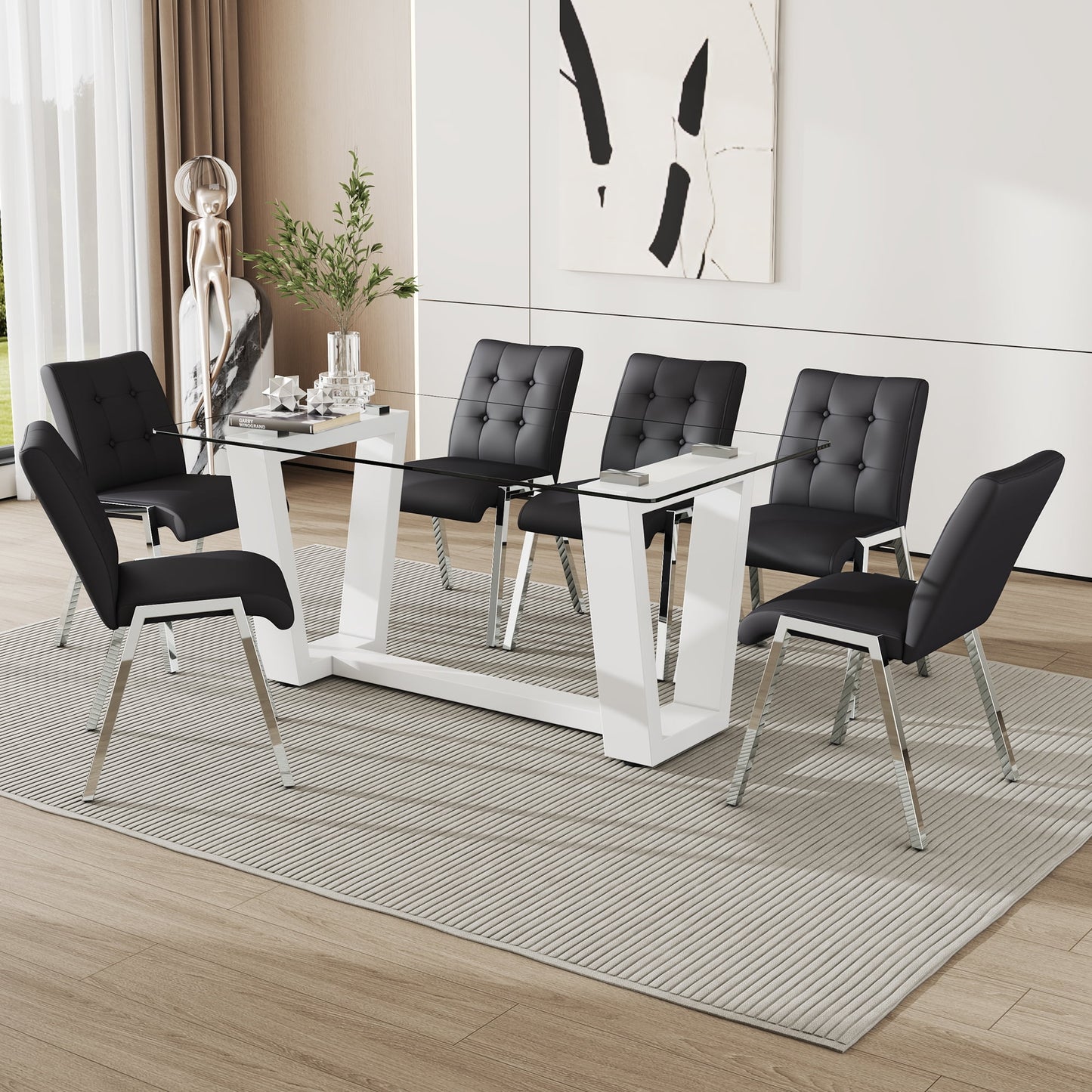 63" Glass Dining Table Set for 6, Sudica White Legs Kitchen Table Set with Upholstered Faux Leather Dining Room Chairs, Black
