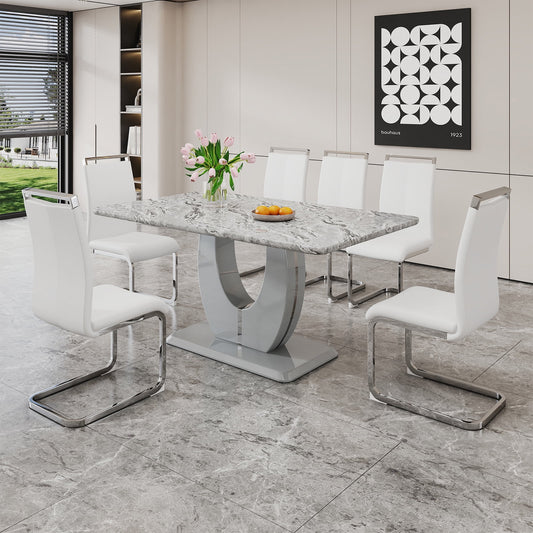 Modern Dining Table Set for 6,Sudica Rectangular Marble Kitchen Table Set with 6 PU Leather Upholstered Dining Room Chairs, White