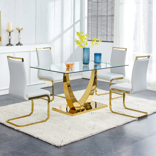 Glass Dining Table Set for 4, Sudica 63"Rectangular Dining Room Table and Leather Dining Chairs Set with Chrome Gold Legs, Light Gray