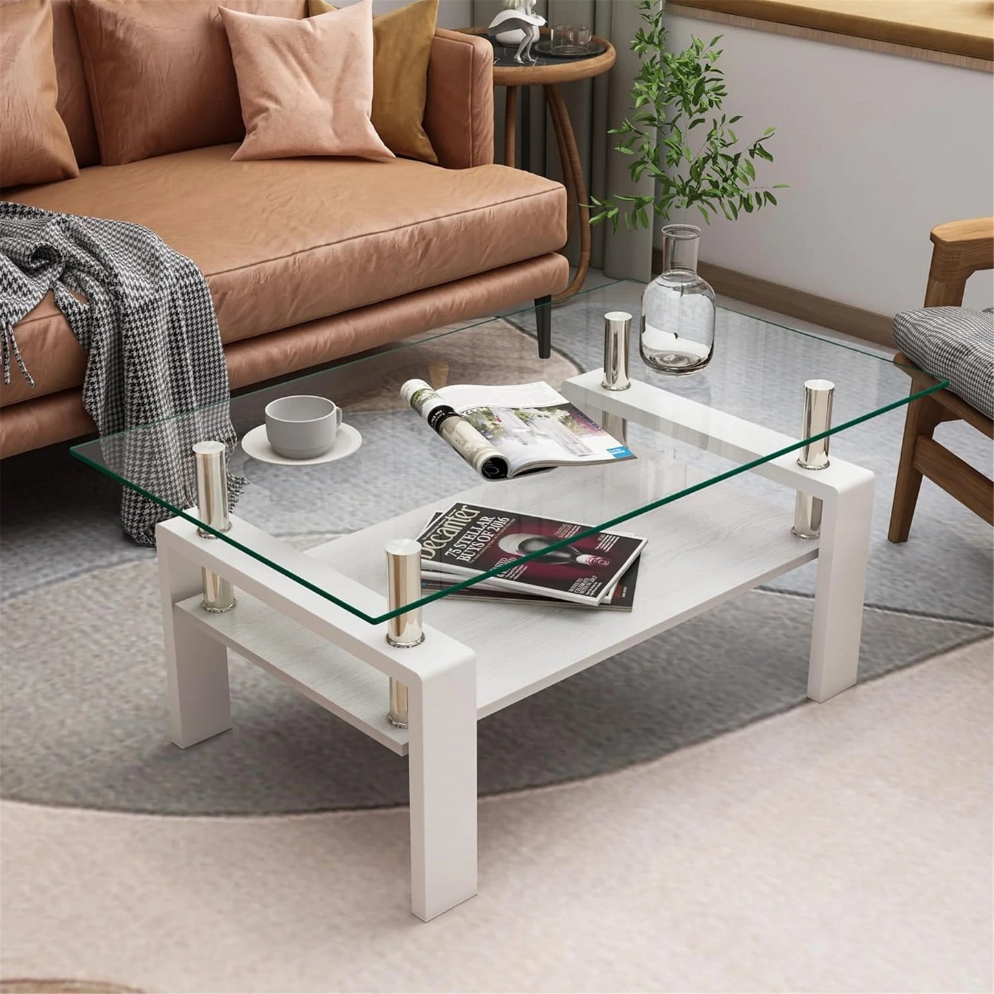 Glass Coffee Table Rectangle Living Room Center Table with Storage, Clear Tempered Glass Tabletop and Smoke Grey Leg,for Living Room and Office (Clear Smoke),Transparent White