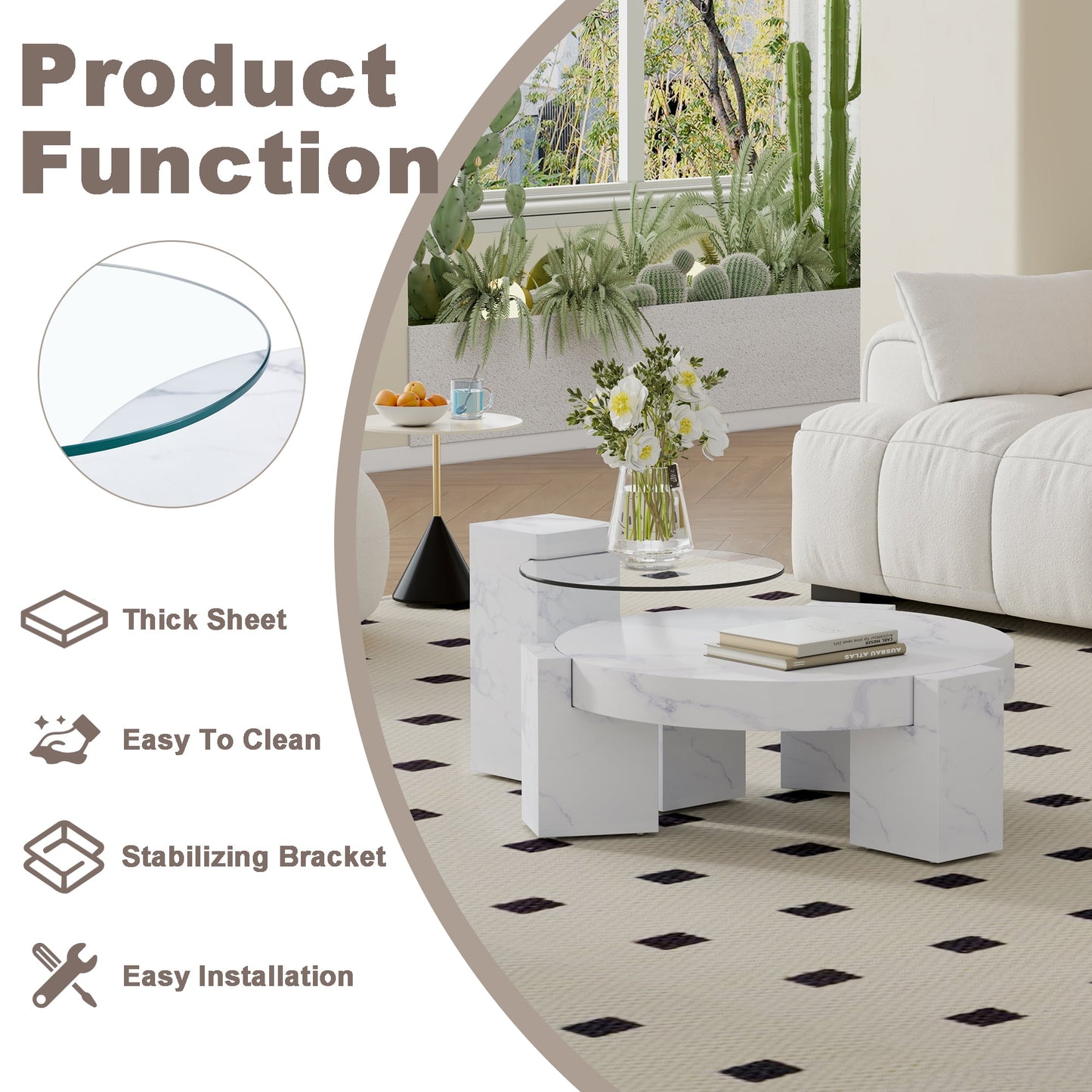 Sudica Round Coffee Table Set of 2, Modern Faux Marble Center Table with Glass Side Table for Living Room Bedroom