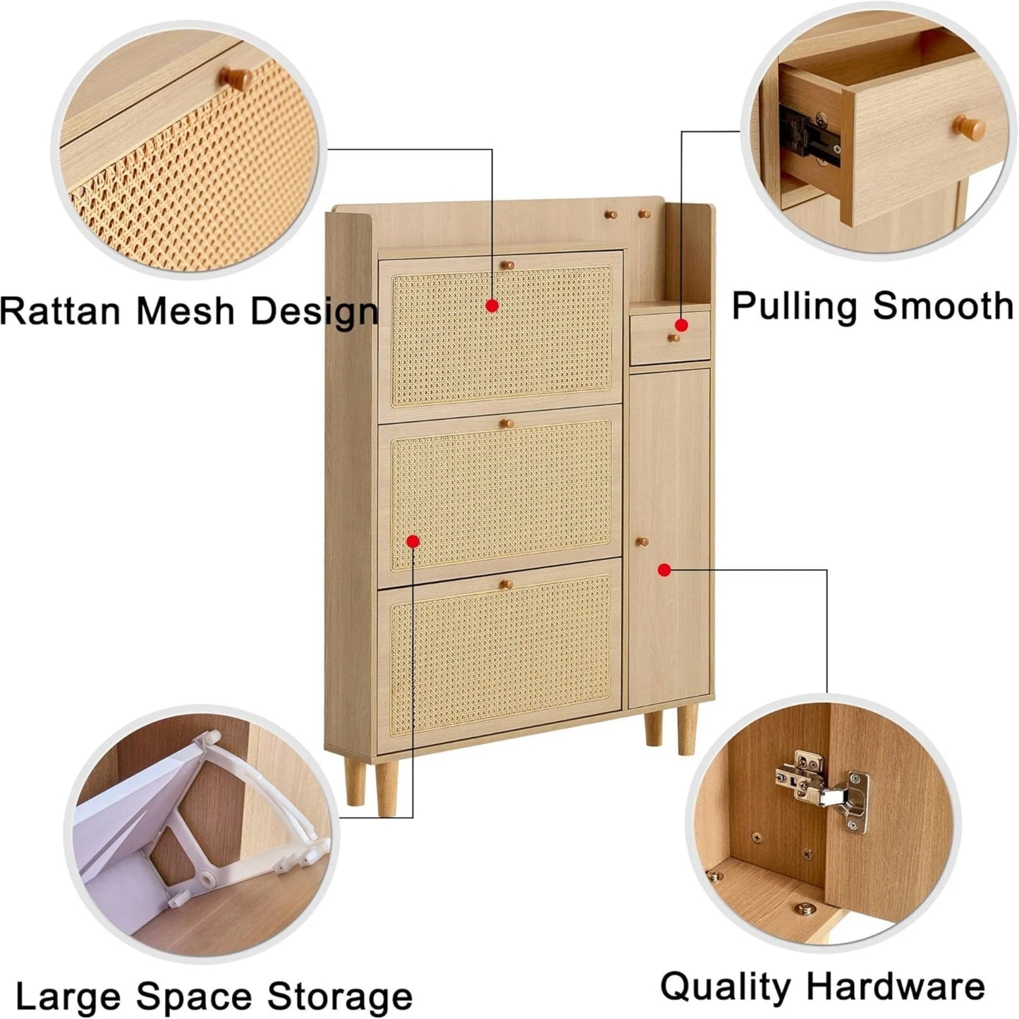 Sudica Rattan Shoe Cabinets with 3 Flip Drawers, Modern Minimalist Shoe Rack Storage Cabinet for Heels/Boots/Slippers,Hallway Entryway Free Standing Shoe Rack with 4 Drawers(Natural Wood)