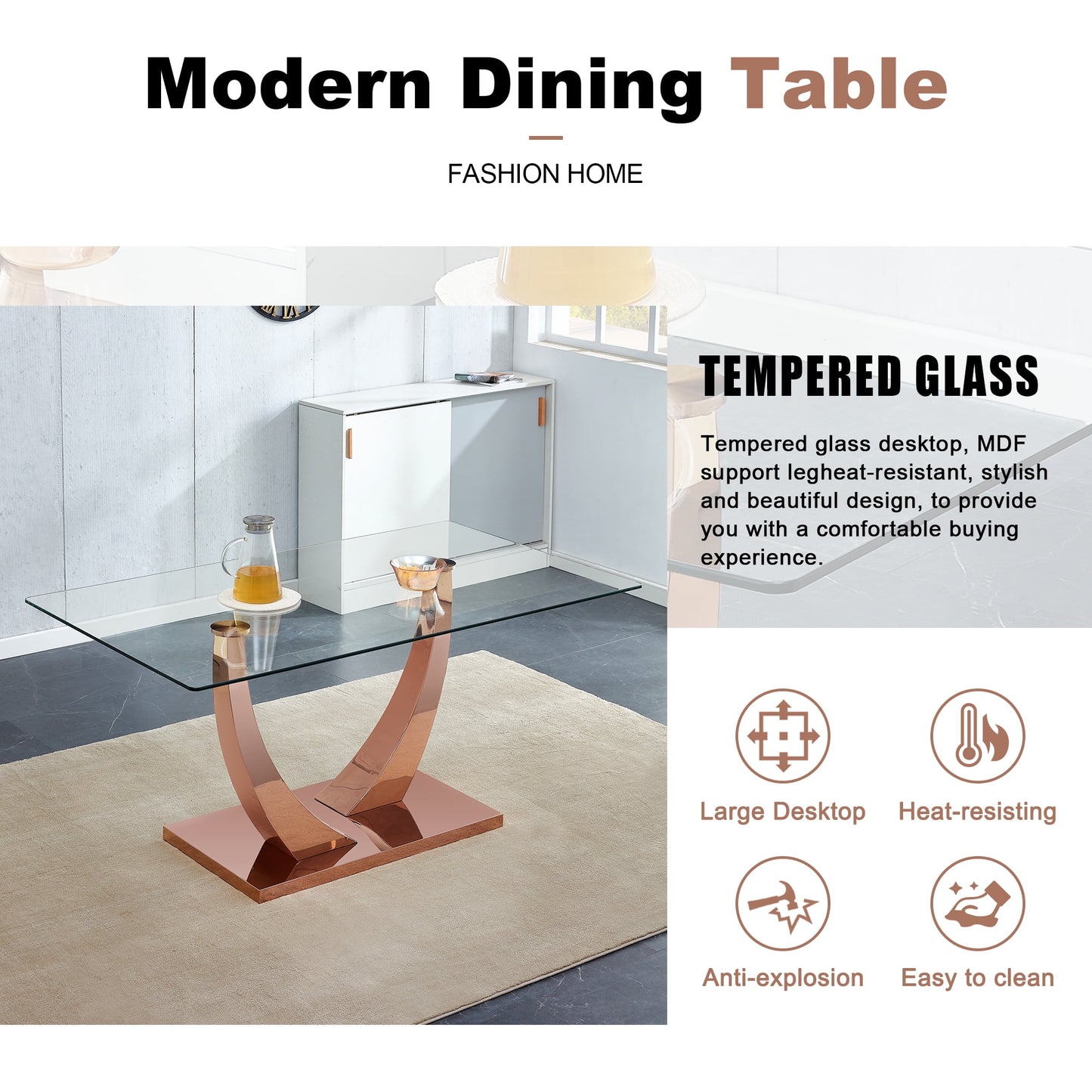 Sudica Modern Glass Dining Table, 63" Large Dining Room Table with Rose Gold U shape Base for Kitchen