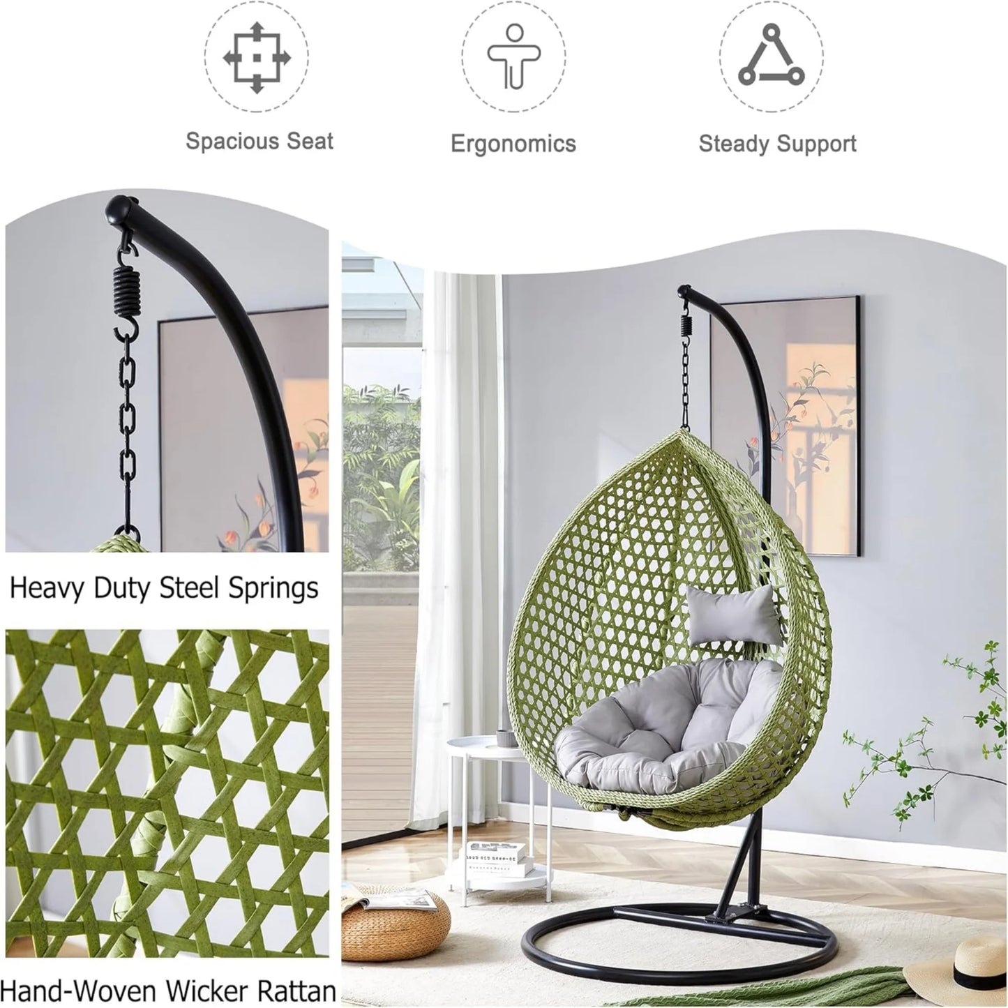 Hanging Egg Chair with Stand,Sudica Patio Soft Cushion Rattan Wicker Egg Swing Chair for Outdoor and Indoor, 350lbs Capacity,Green