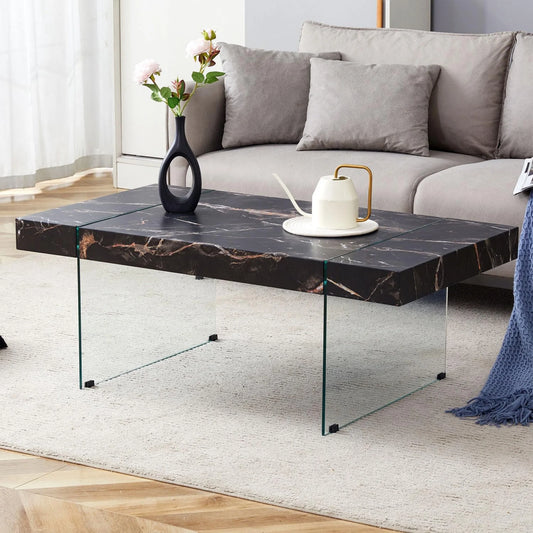Sudica Black Marble Pattern MDF Coffee Table with Tempered Glass Legs for Living Room. Can Be Used As Coffee and Side Tables/Display Stand.(43.3"X23.6")