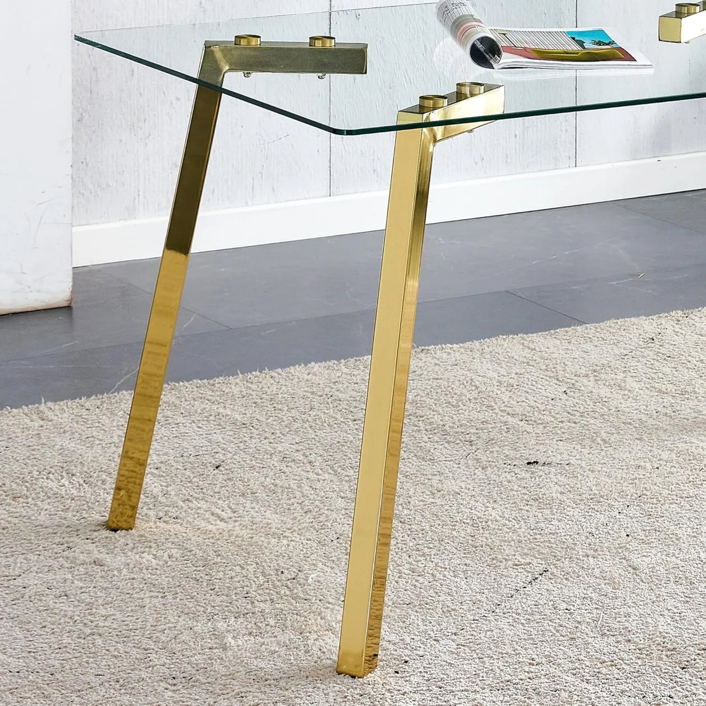 51" Glass Dining Table for 4, Sudica Clear Tempered Glass Modern Rectangular Kitchen Table with Metal Legs