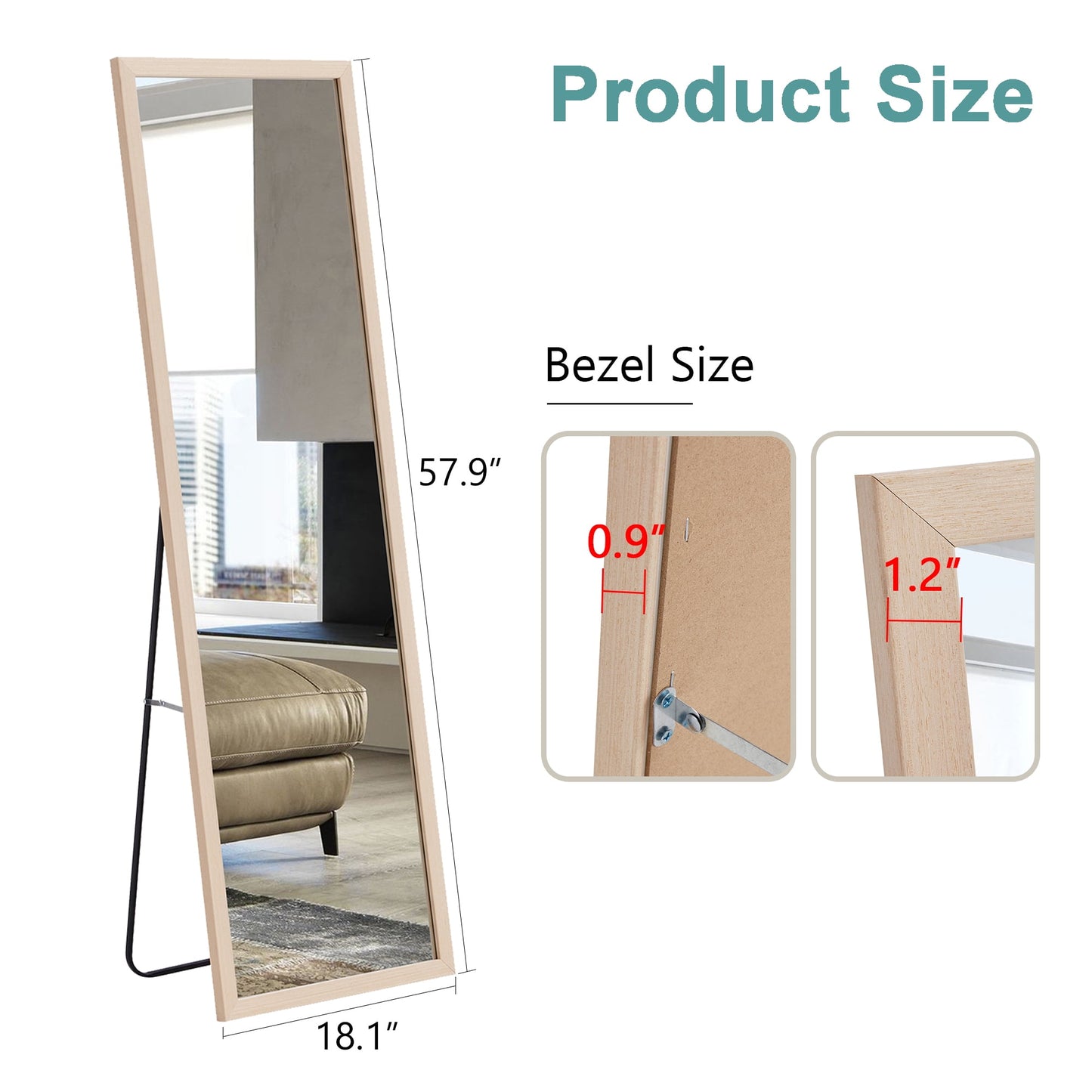 Wood Floor Mirror, 58"x 18" Sudica Thick Wooden Frame Full Body Mirror with Stand, Wall Mirror for Living Room, Wood