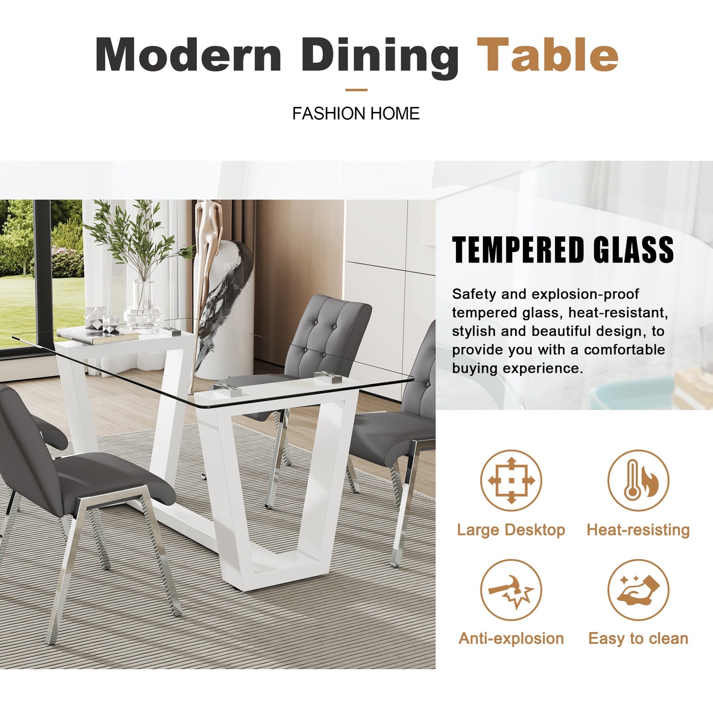 63" Glass Dining Table Set for 6, Sudica White Legs Kitchen Table Set with Upholstered Faux Leather Dining Room Chairs, Gray