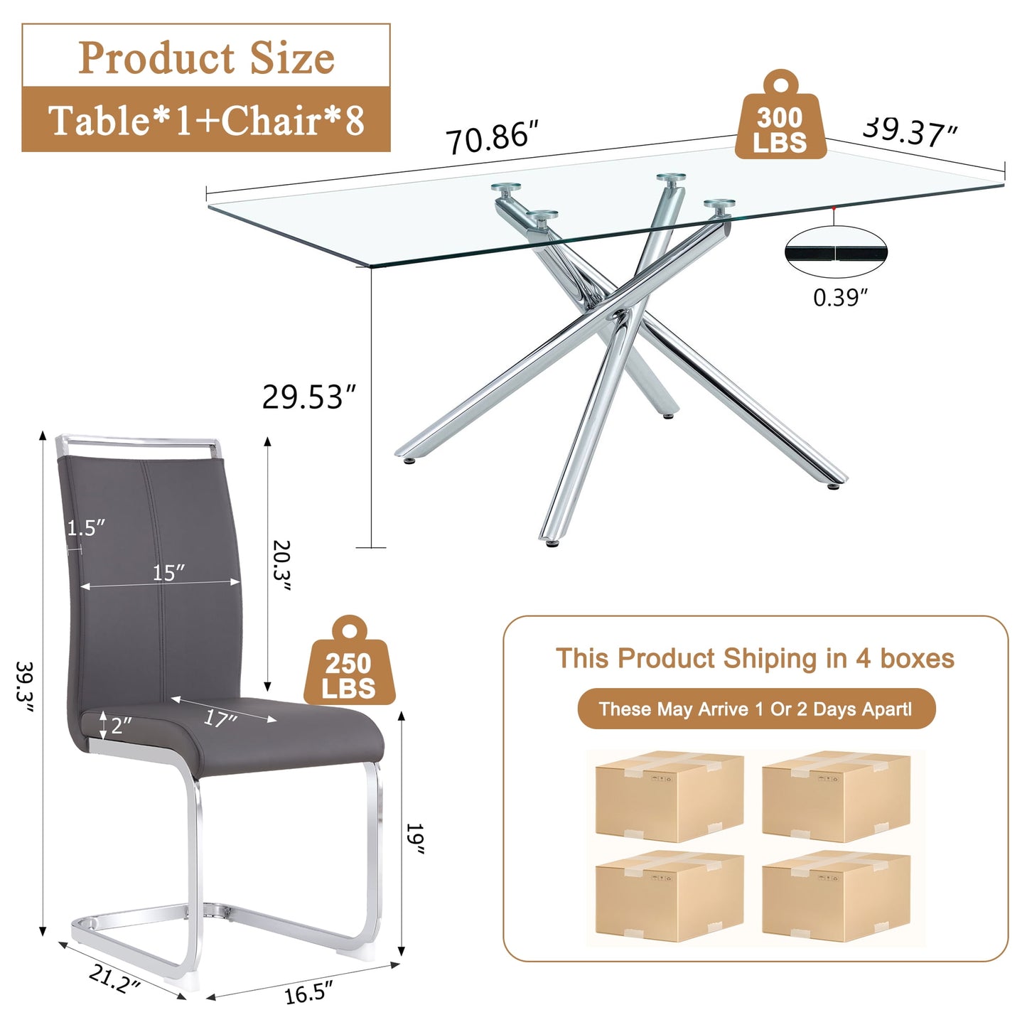 Sudica Glass Dining Table Set for 8, 71" Large Rectangular Kitchen Glass Dinner Table with Upholstered Silver Legs Dining Room Chairs, Gray