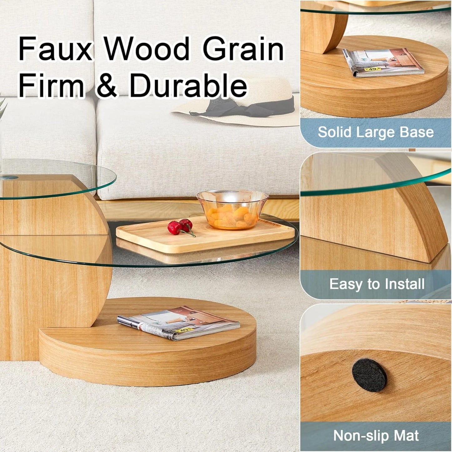 Sudica Modern Coffee Table with Double-layer Round Glass Tabletop 35.4" Tea Table with Light Wood Faux Marble Patterned Base,Center Table for Living Room