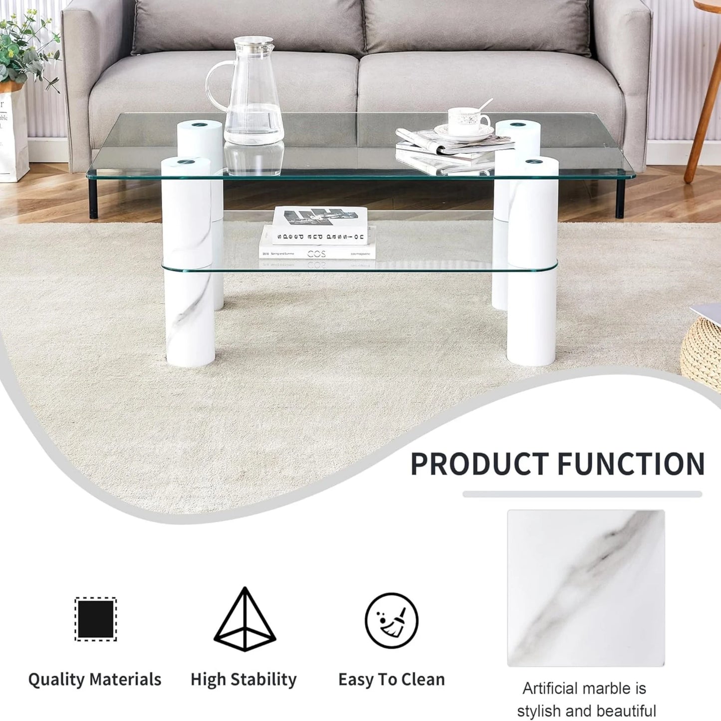 Modern Minimalist Double Layered Transparent Tempered Glass Coffee Table,47" Sudica Rectangular Tea Table with White Legs